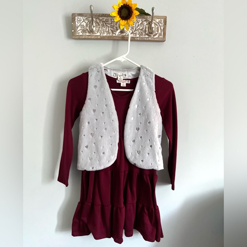 KNIT WORKS Girls 2-Piece Dress & Heart Faux-Fur Vest-Size Small